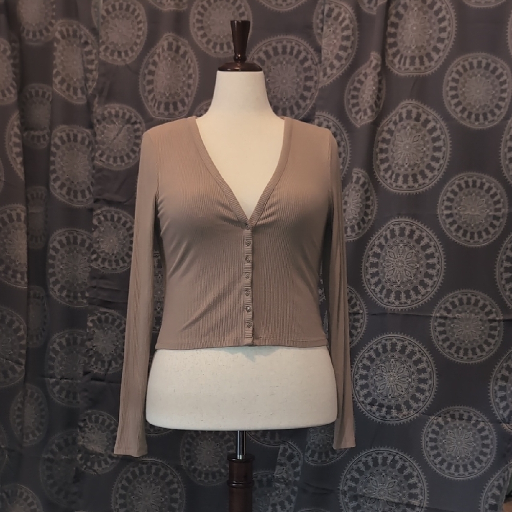 Tan Ribbed Button-Up Cardigan